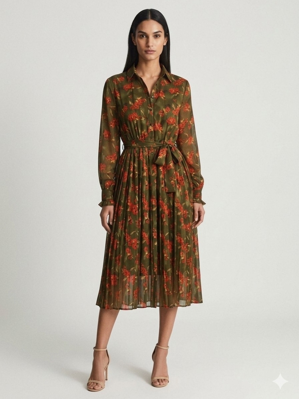 MELLODAY Olive Green Midi Shirt Dress with Red Floral Print